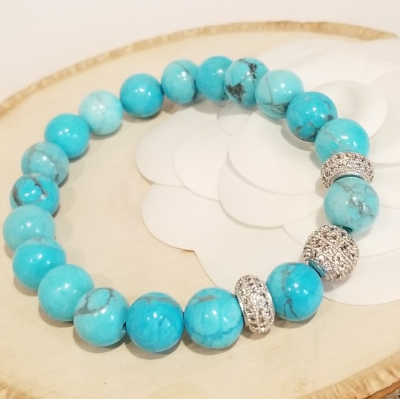 NEW Natural Stones Pave CZ Stretch Bracelet - Picture 2 of 6